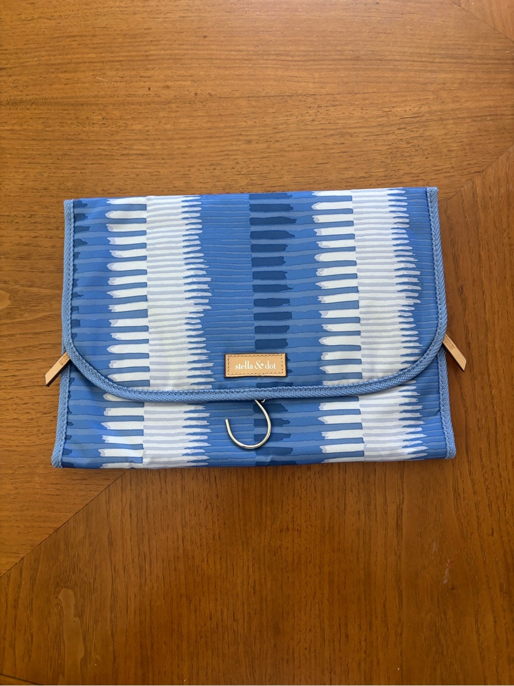 Stella & Dot Blue and White Fold-Over Cosmetic Clutch with Metal Ring